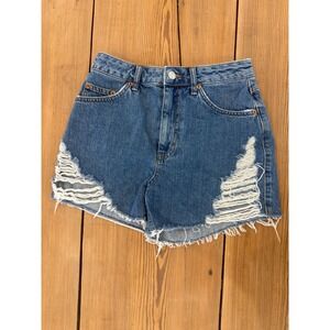 Topshop Denim Jean Shorts Blue Distressed Ripped High Waisted Womens Size 4